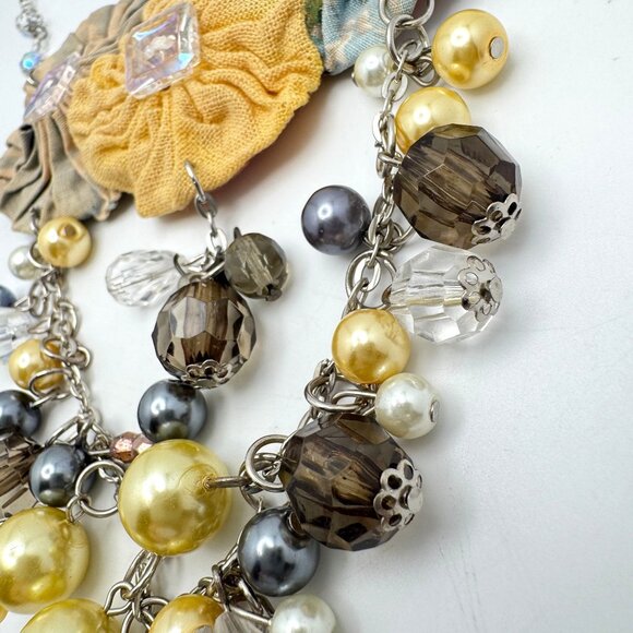 Handmade Fabric Yoyo Necklace Bead Crystal Multistrand Statement Yellow & Blue - Picture 5 of 11